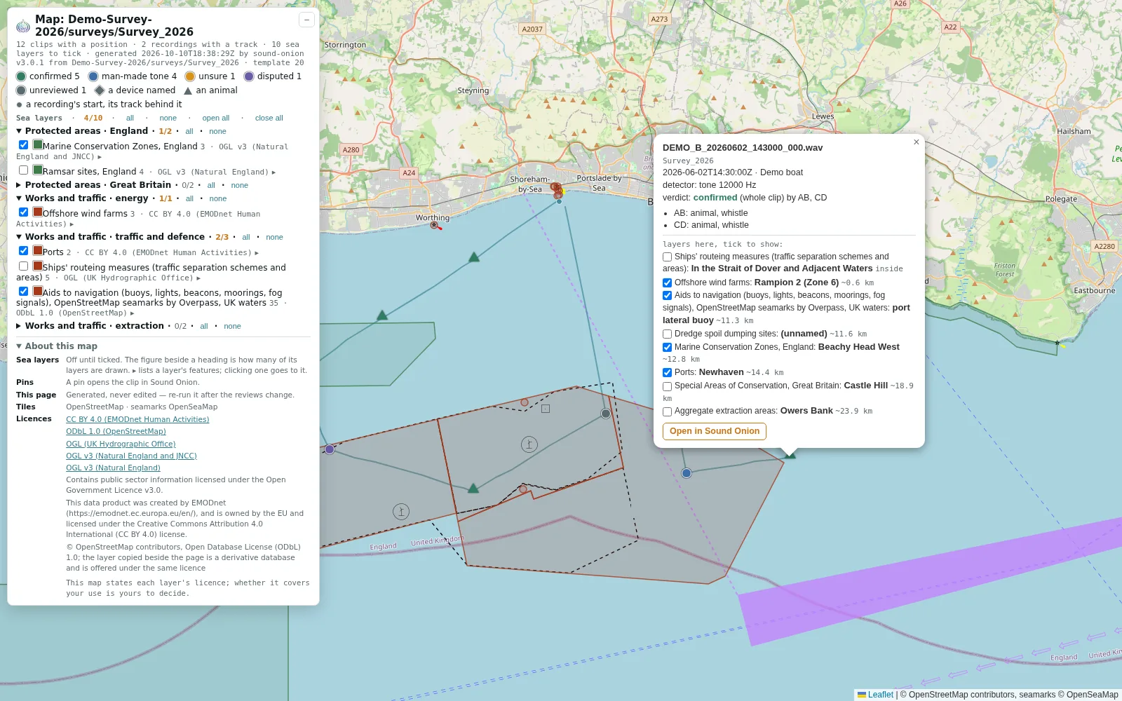 A folder's map: two days of a survey boat's tracks off the Sussex coast, each clip a pin coloured by its verdict; one clip open, confirmed as a whistle by two reviewers, with the protected areas, wind farm, seamarks and port around it and how far each is; each layer's licence listed beside the map