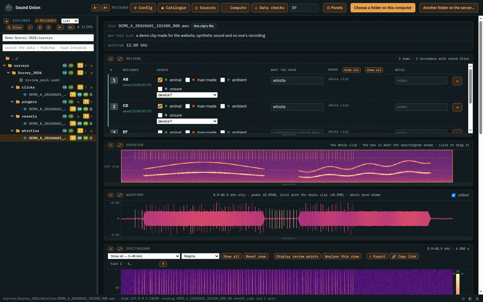 Sound Onion's review screen: the folder of recordings on the left, two reviewers' verdicts, the whole clip's overview and its waveform